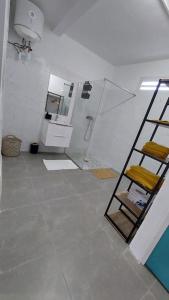 uma casa de banho com um chuveiro e uma escada num quarto em Lafleur_doré Studio em Le Vauclin