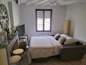 a bedroom with a bed and a couch and a window at Brume de Loire in Bourgueil