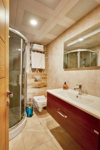 a bathroom with a sink and a shower and a toilet at Ardey Hotel in Istanbul