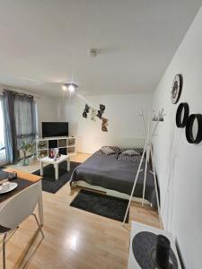 1 dormitorio con 1 cama y escritorio en una habitación en Ulmer Nestchen, en Ulm