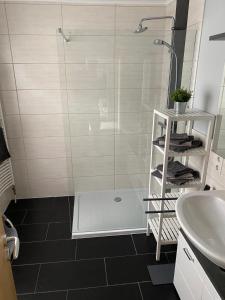 uma casa de banho com um chuveiro e um lavatório. em City Ferienhaus in Neheim em Arnsberg