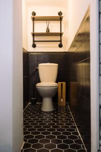 a toilet in a bathroom with a black tiled floor at L’Albizia- Centre -TV WIFI-Cozy in Narbonne