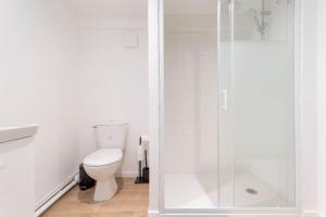 een witte badkamer met een toilet en een douche bij Lille Bel appartement Cosy avec Mezzanine in Lille