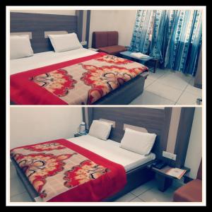 two pictures of a bed in a room at AASHIRWAD HOTEL in Katra