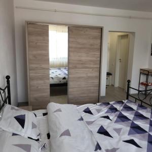 um quarto com uma cama e um espelho grande em Prieteniei Nr. 11 em Rovinari