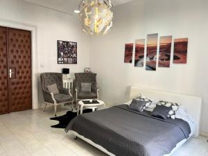 um quarto com uma cama, uma cadeira e um lustre em Princ Apartment em Belgrado