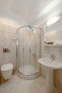 a bathroom with a shower and a toilet and a sink at Nevma Suites in Firostefani