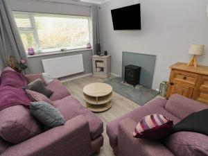 a living room with a purple couch and a table at Plas Nev in St. Davids