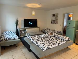 Pokój z 2 łóżkami i telewizorem z płaskim ekranem w obiekcie Taunus-FeWo w mieście Stierstadt