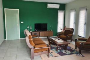 uma sala de estar com paredes verdes e um sofá e cadeiras em Comfortabele vakantiewoning in Wanica, Suriname em Wanica