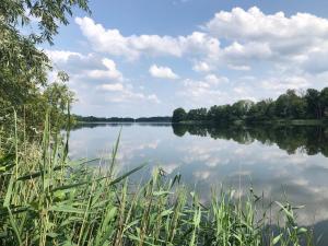 - une vue sur un lac avec des nuages dans l'eau dans l'établissement Ruhiger Rückzugsort mit Kamin & Garten, für Paare, à Häven