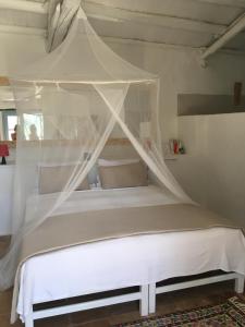 ein weißes Bett mit Baldachin in einem Zimmer in der Unterkunft Villa Xyloporta in Skinária