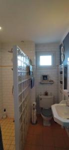 a bathroom with a toilet and a sink at Une chambre en ville in Domfront