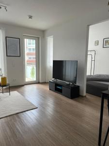 uma ampla sala de estar com uma televisão de ecrã plano em Rosengarten Apartments in Tettnang em Tettnang