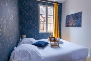 Duas camas num quarto com paredes azuis e uma janela em Studio Paon d'Or, 5 minutes du ZooParc de Beauval em Saint-Aignan