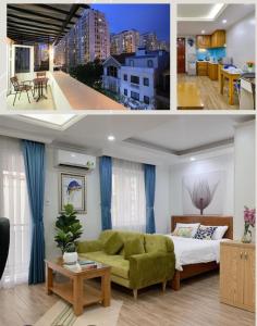 two pictures of a room with a bed and a living room at Atlas Hotel & Apartments in Ho Chi Minh City