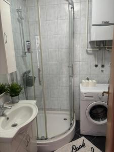 a shower in a bathroom with a sink and a washing machine at Apartments Manila in Zagreb