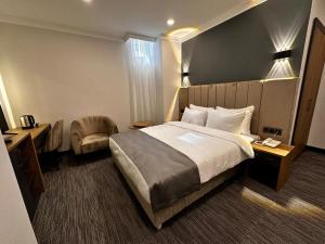 una camera d'albergo con letto e scrivania di VPLUS HOTEL a Istanbul