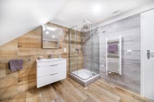 een badkamer met een douche, een toilet en een wastafel bij Pension Delicato in Waidhaus