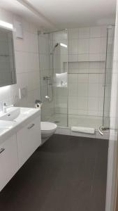 a bathroom with a shower and a toilet and a sink at Amazing two bedroom Penthouse in the city centre (Canal1) in Zurich