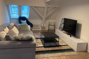 a living room with a couch and a flat screen tv at Amazing two bedroom Penthouse in the city centre (Canal1) in Zurich