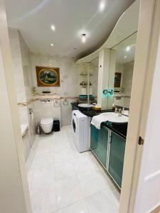 a bathroom with a sink and a washing machine at RoseHill Garden Villa in Budapest