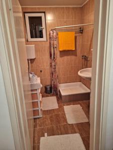uma casa de banho com um chuveiro, um lavatório e um WC. em APARTMAN ŽELJA em Sremska Mitrovica