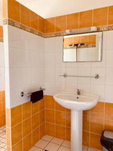 een badkamer met een wastafel en een spiegel bij Lac De Cancon in Cancon
