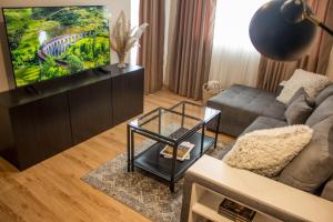ein Wohnzimmer mit einem Sofa und einem TV in der Unterkunft EVIAS Apartment in Sandanski