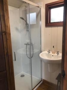 a bathroom with a shower and a sink at Pooks Rest in Hurst Green