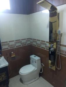 a bathroom with a toilet and a shower and a sink at Hill Heaven Resort in Abbottabad