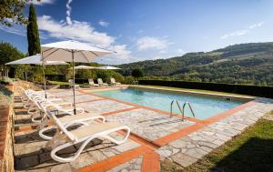 a swimming pool with lounge chairs and an umbrella at Podere Felceto in Panzano