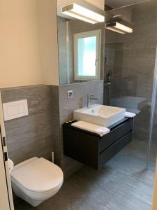 y baño con lavabo, aseo y espejo. en Modern one bedroom flat close to the city - Bass1, en Bassersdorf