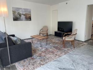 uma sala de estar com um sofá, cadeiras e uma TV em Amazing 2 bedroom flat: specious and central (Duke2) em Zurique