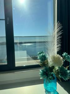 a blue vase with white flowers in a window at Apartments in Solid House Mamaia in Mamaia