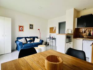 uma cozinha e uma sala de estar com um sofá azul em Appartement Cambo-les-Bains, 2 pièces, 2 personnes - FR-1-495-94 em Cambo-les-Bains