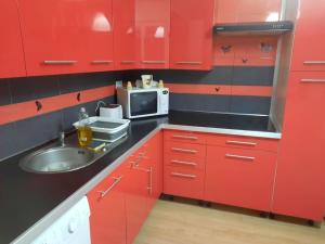 a red kitchen with a sink and a microwave at LE CHANT DE LA RIVIERE in Sainte-Marie-aux-Mines +15 photos