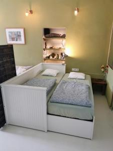 two beds sitting next to each other in a room at Slapen aan de Sluis in Utrecht