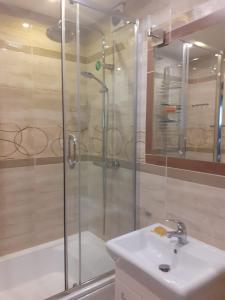 y baño con ducha y lavamanos. en Apartament Leśna 18 en Olsztyn