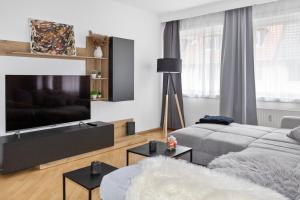 a living room with a large flat screen tv at CityCharme-Apartment in Braunschweig