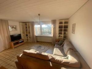 a living room with a couch and a television at Ferienwohnung Blick ins Grüne in Ober-Ramstadt