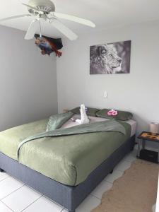 ein Schlafzimmer mit einem Bett mit Deckenventilator in der Unterkunft San Lukas Guest Apartment in St Francis Bay