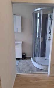 La salle de bains est pourvue d'une douche en verre. dans l'établissement Jumet 242 B Bruxelles-Charleroi-airport, à Charleroi