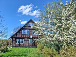 a house with a flowering tree in front of it at Ferienwohnung Dien Uttied in Grasberg