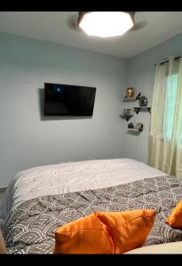 1 dormitorio con 1 cama y TV de pantalla plana en la pared en E & J Lifestyle, en Río San Juan