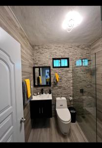 a bathroom with a toilet and a sink and a mirror at E & J Lifestyle in Río San Juan