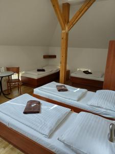 a room with three beds and a table at Beta Pension in Prague