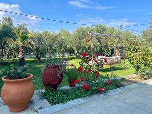 einen Garten mit Blumen in Töpfen und einer Schaukel in der Unterkunft Villa Elia in Karianí