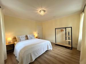 a bedroom with a white bed and a mirror at Modernes Apartment in alter Burg nahe Fulda in Schlitz