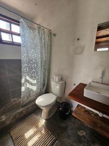 een badkamer met een toilet en een wastafel bij Sítio Mata Virgem in Carrancas